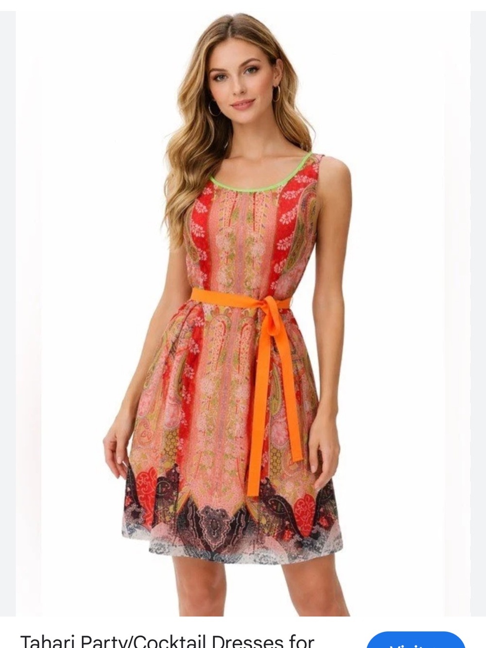 T Tahari Neon Paisley Orange Midi Party Dress | Size 12 - Summer